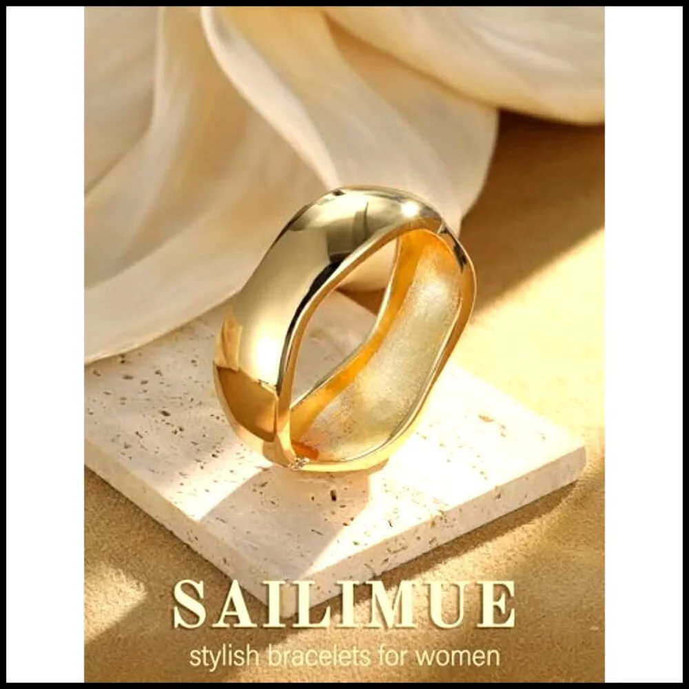 Chunky Gold Plated Hinged Bangle Bracelets Stack Minimalist Trendy Jewelry
